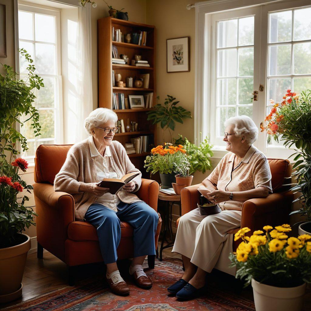 A warm, inviting scene depicting elderly individuals engaged in various activities, such as reading, gardening, and conversing with compassionate caregivers in a sunlit room. The ambiance should reflect a sense of joy and companionship, with soft colors that evoke feelings of care and comfort. Include elements like flowers, cozy furniture, and photographs on the walls depicting happy moments. super-realistic. vibrant colors. soft textures.