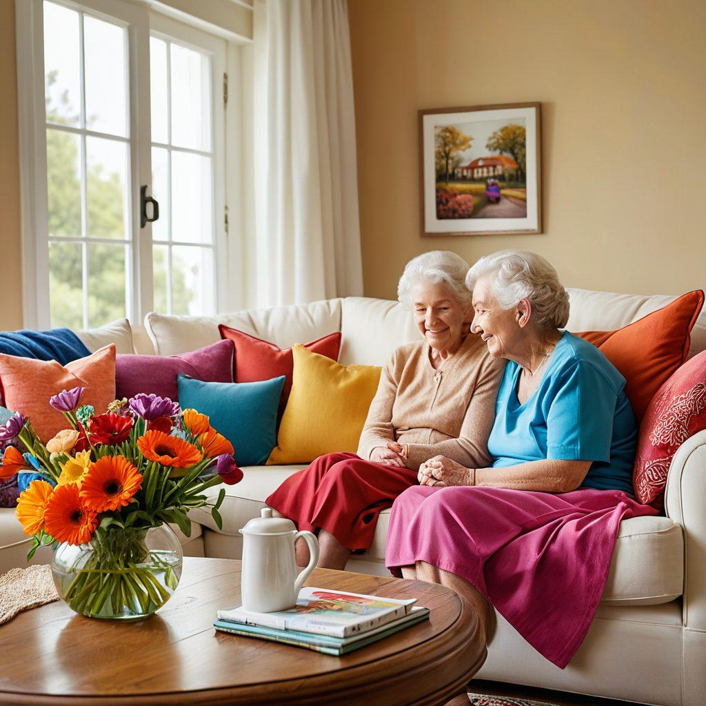 A warm and inviting home setting, featuring a caregiver gently assisting an elderly person in a cozy living room filled with natural light. Include comforting details like a soft couch, family photographs on the walls, and fresh flowers on a table, evoking feelings of compassion and care. The scene should radiate warmth and connection, showcasing the essence of home health services. bright colors. super-realistic.