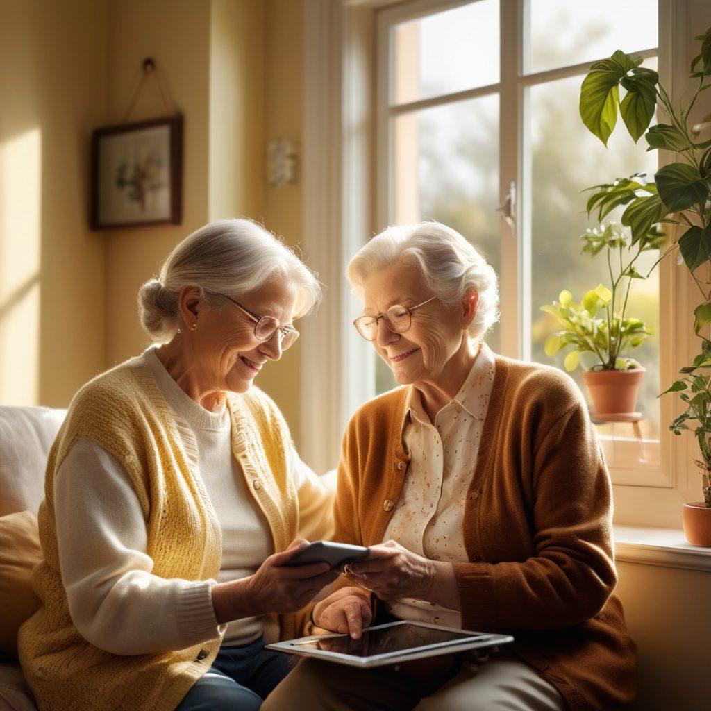 A serene home environment showcasing a warm interaction between a caregiver and an elderly person, highlighting compassion and trust. The caregiver is equipped with professional tools, like a tablet and medical supplies, while light streams through a cozy window. Subtle decorations, like family photos and houseplants, add a personal touch. Soft colors enhance the atmosphere of care and support. super-realistic. warm tones. cozy ambiance.